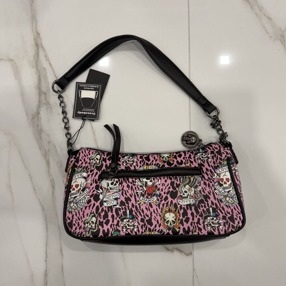 Ed Hardy pink leopard skull studded shoulder bag zip w/ detachable strap - Picture 3 of 5